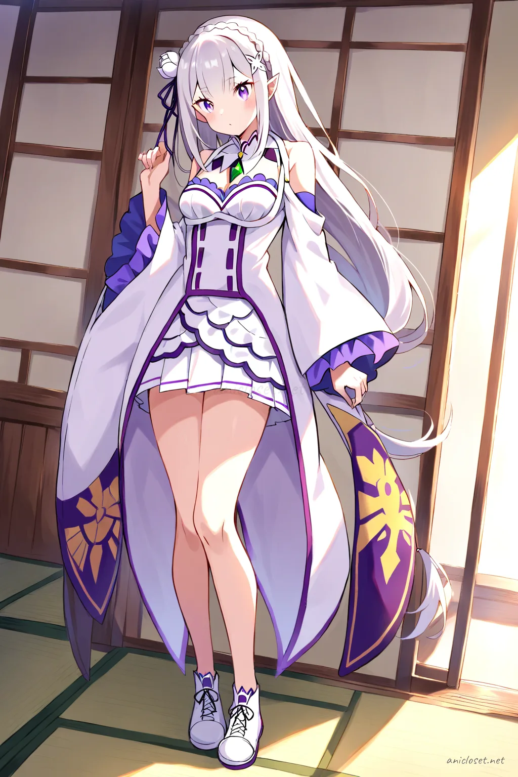 Full-body illustration of Emilia wearing a street-style kimono jacket over a plain t-shirt and straight skirt, paired with a minimal obi belt and clean sneakers, standing against a clean studio backdrop