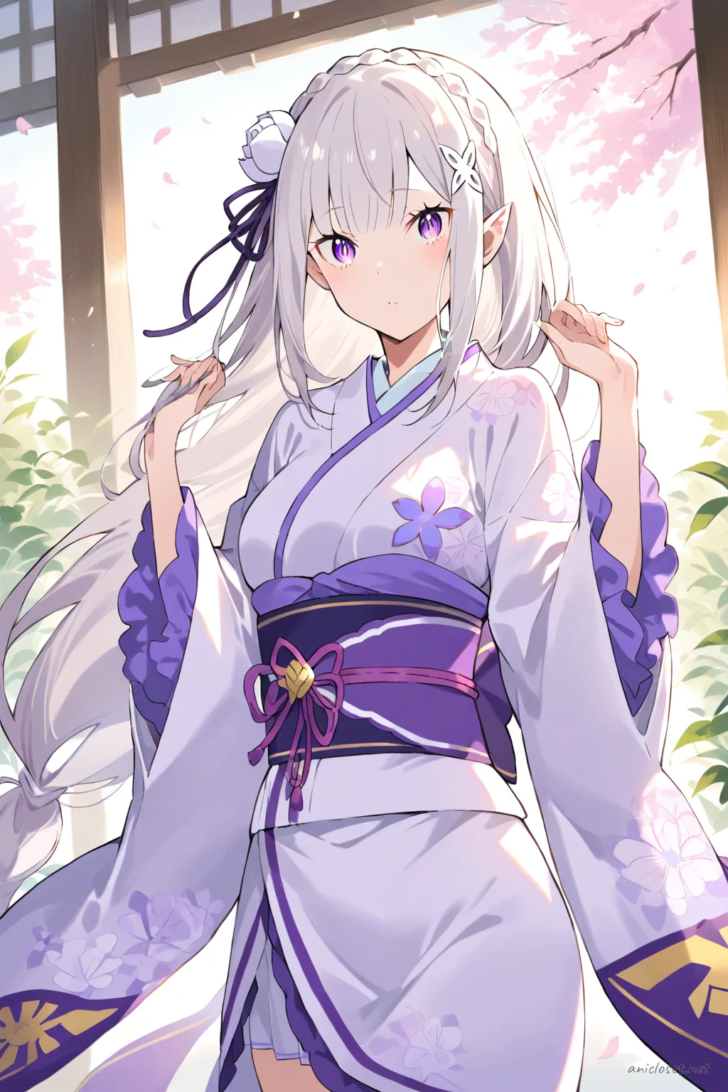Illustration of Emilia from Re:Zero wearing a soft pastel kimono with light lavender fabric, subtle floral pattern, and pale mint green obi tied in a simple bow, shown knee-up with long flowing sleeves and traditional wooden geta sandals