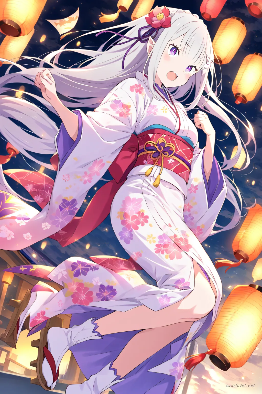 Full-body three-quarter view of Emilia wearing a light blue floral yukata with pink obi sash, holding a paper lantern and lace fan, standing in a clean studio