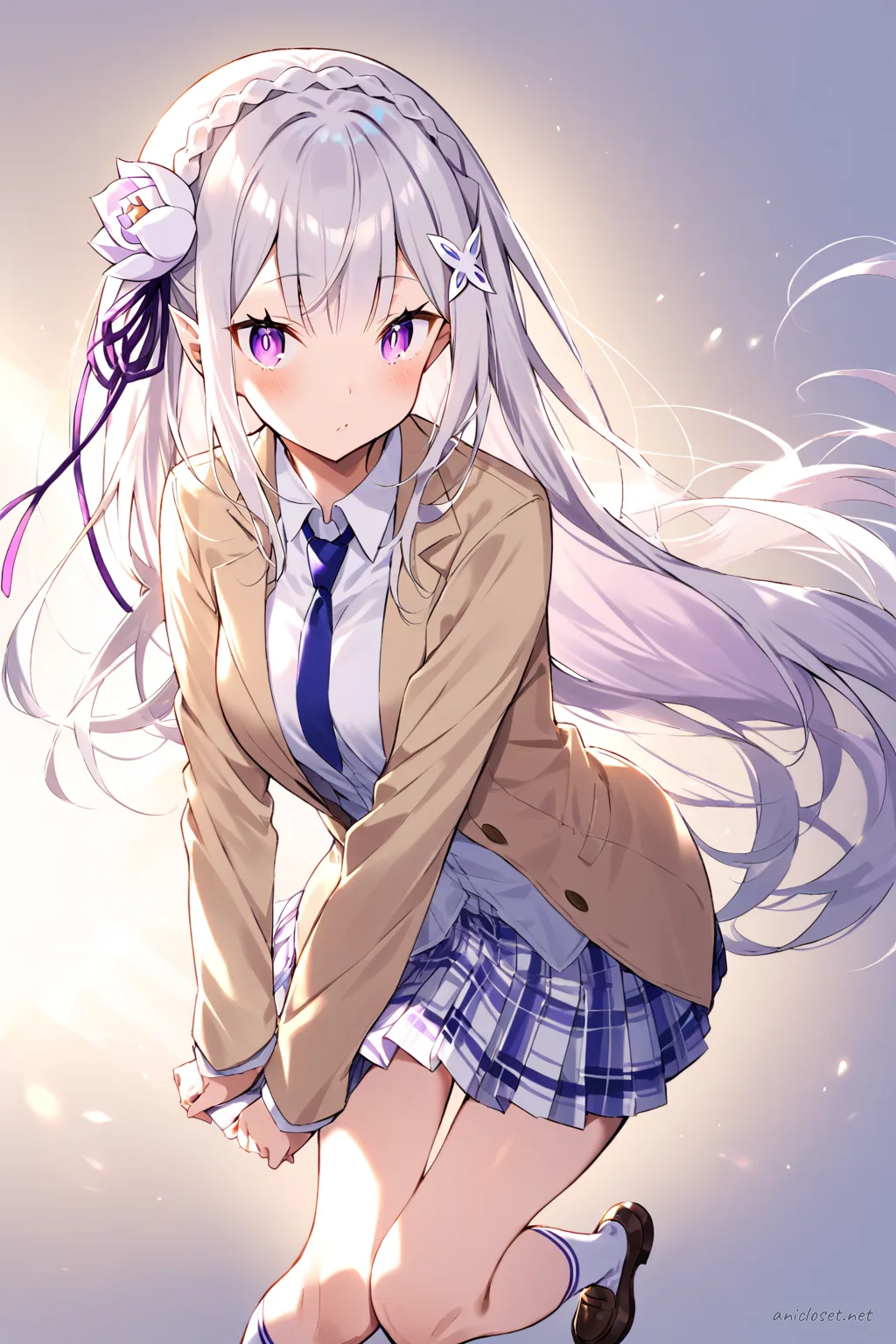 Knee-up half-body illustration of Emilia wearing a beige blazer, white dress shirt, navy necktie, pleated plaid skirt, knee-high socks, and brown loafers against a simple studio background with soft lighting