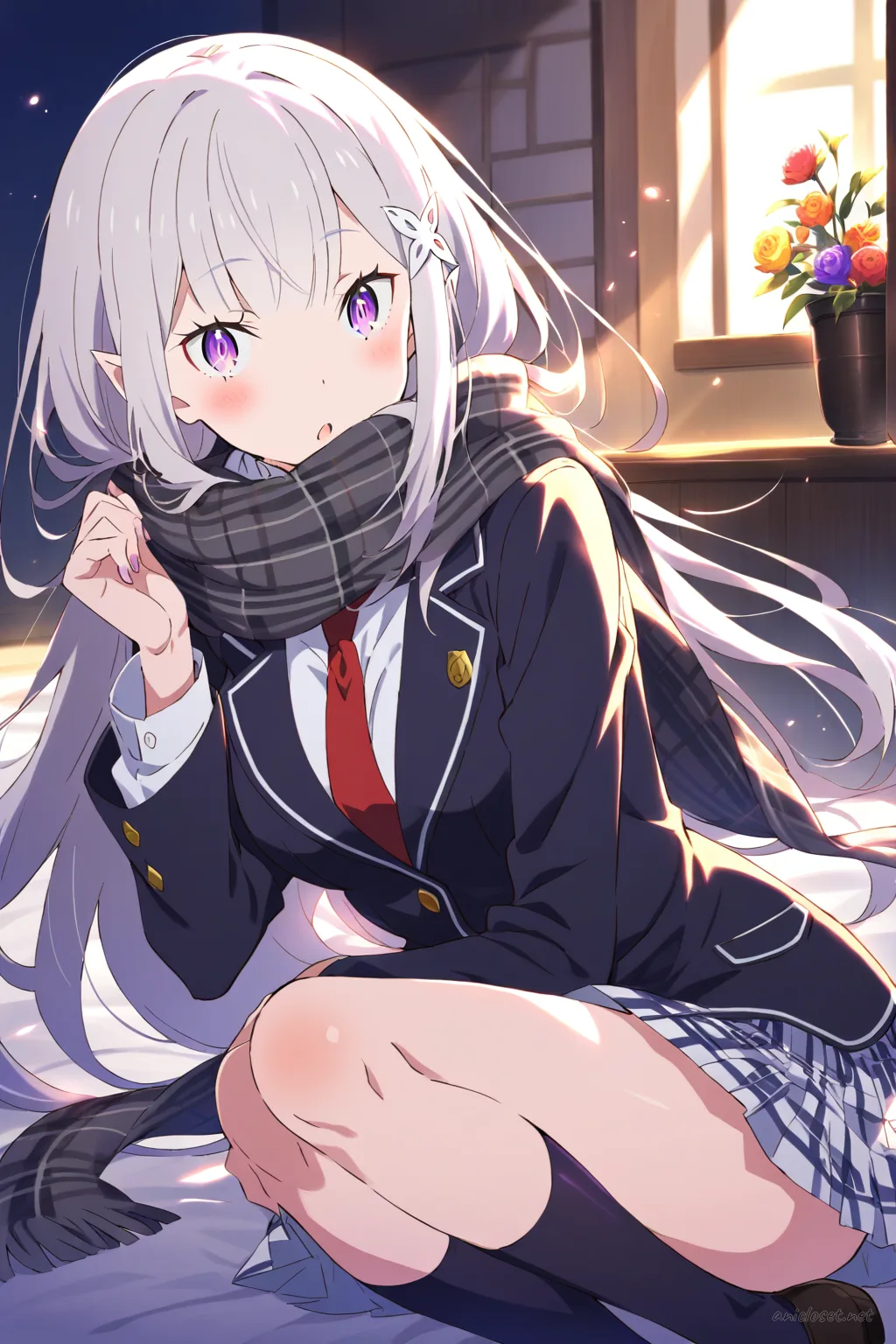 Full-body three-quarter view of Emilia in a black blazer winter uniform with dark gray scarf and knee socks, fashion plate style
