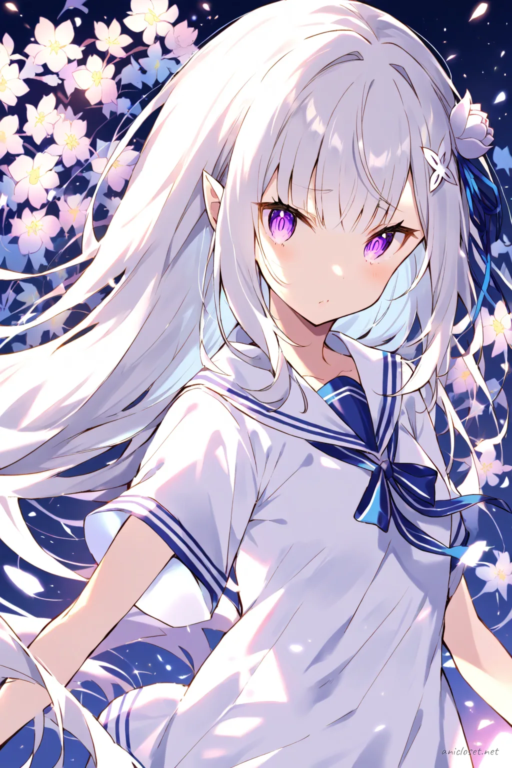Full-body three-quarter view illustration of Emilia wearing a summer sailor uniform with short sleeves, navy blue ribbon tie, pleated navy skirt, knee socks, and loafers against a simple studio background