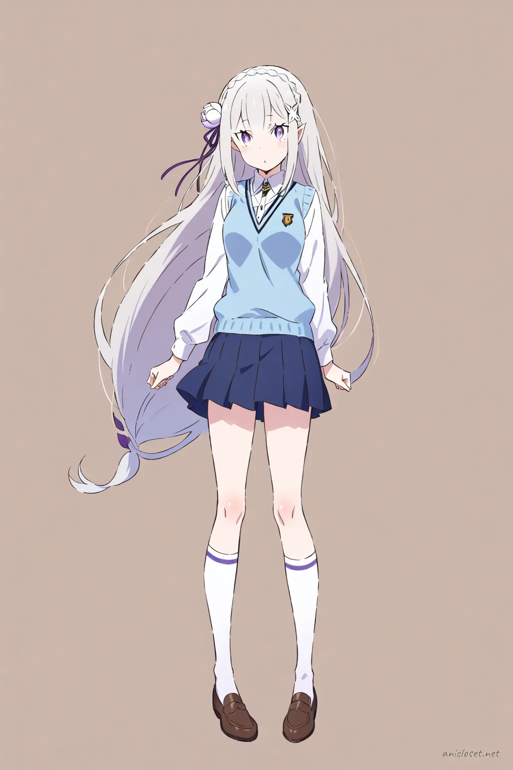 Illustration of Emilia from Re:Zero wearing a navy blue sweater vest over a white long-sleeve blouse, pleated school skirt, knee-high socks, and loafers in soft studio lighting