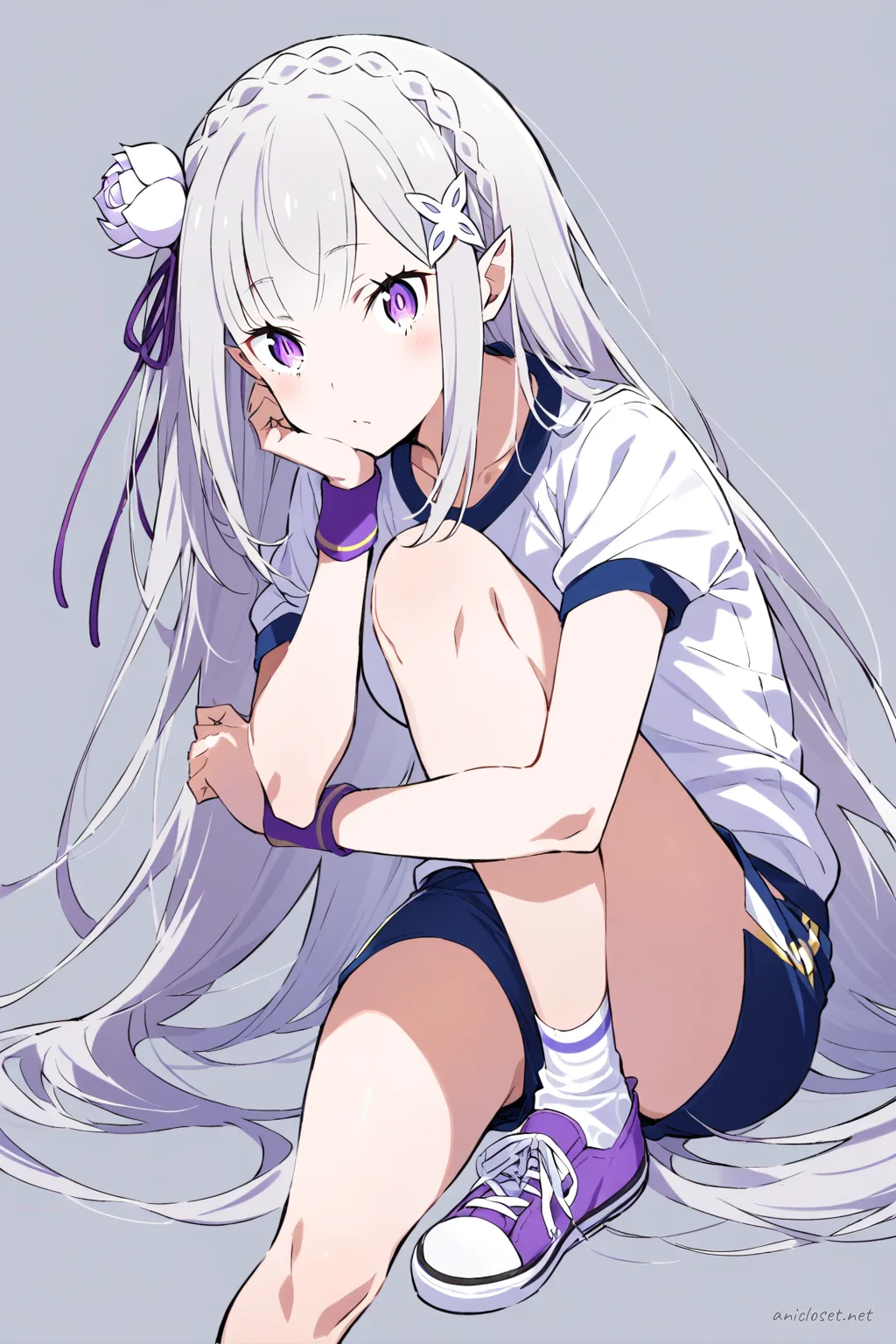 Illustration of Emilia in a short-sleeve gym jersey, athletic shorts, knee socks, and slip-on sneakers, shown knee-up with soft studio lighting