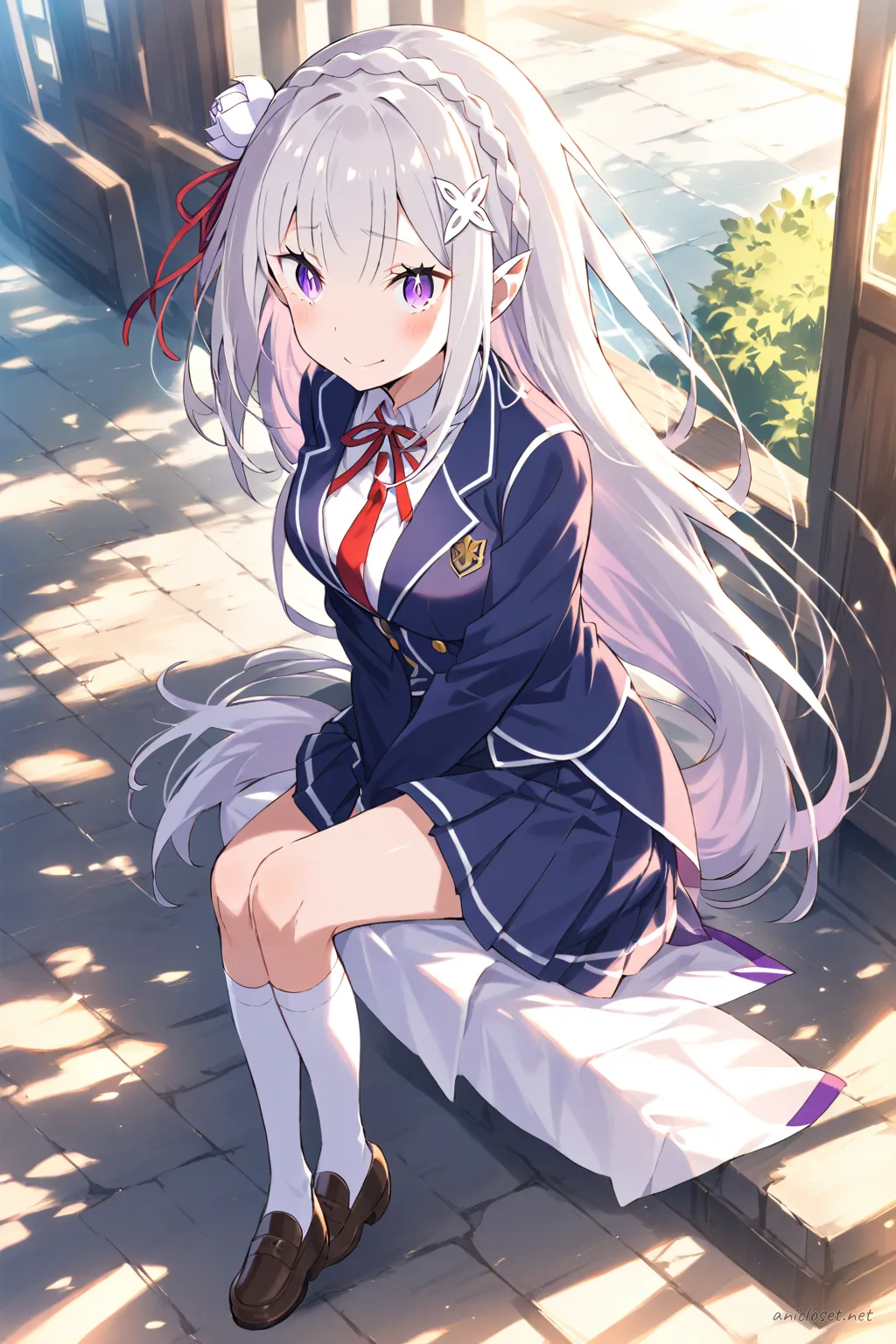 Full-body illustration of Emilia in a formal school uniform with a long navy pleated skirt, white blouse, navy blazer, and black loafers against a clean studio backdrop