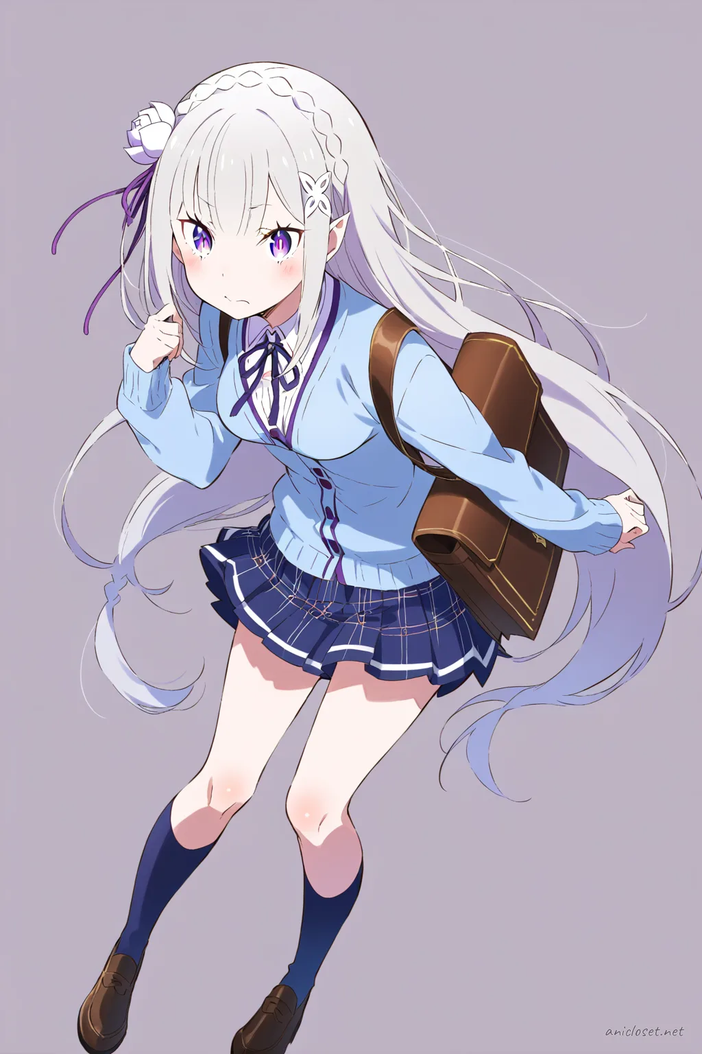Illustration of Emilia from Re:Zero in a navy cardigan, white blouse, pleated skirt, knee-high socks, brown loafers, and carrying a brown leather book bag against a simple studio background