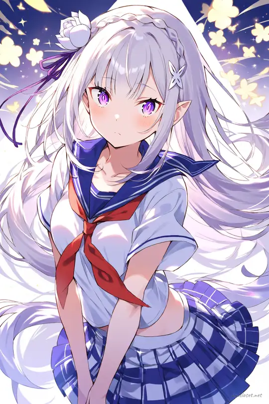 Full-body illustration of Emilia from Re:Zero wearing a white short-sleeve sailor blouse with navy collar, red neckerchief, pleated navy and white checkered skirt, loose white knee-high socks, and brown loafers, standing against a clean studio backdrop