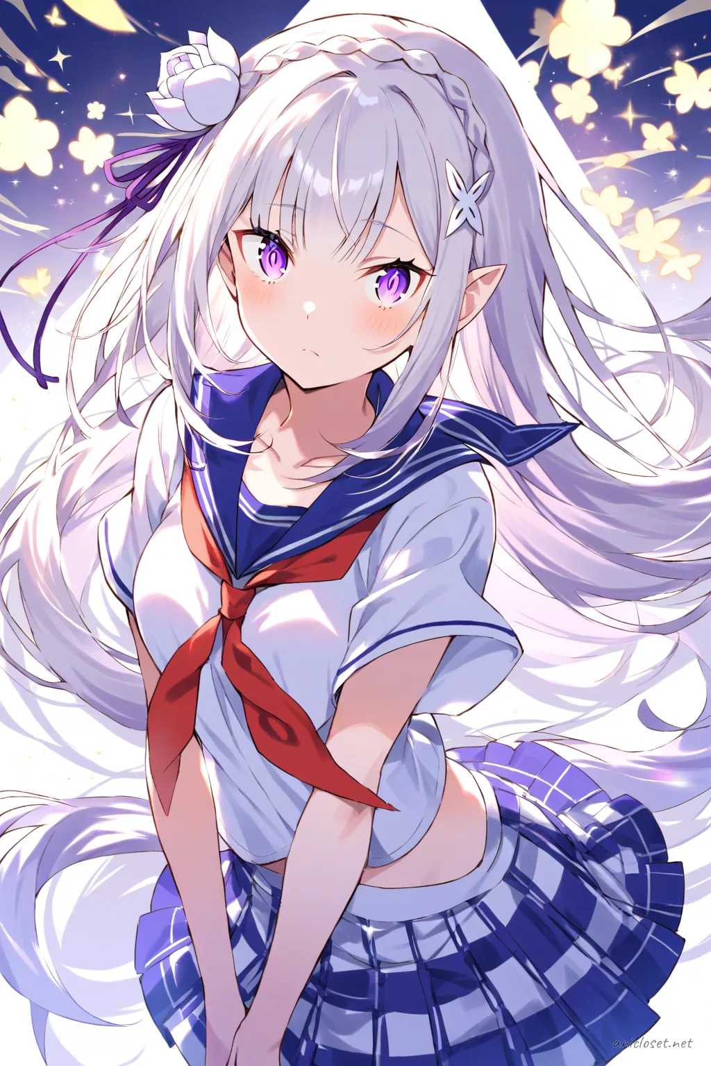 Full-body illustration of Emilia from Re:Zero wearing a white short-sleeve sailor blouse with navy collar, red neckerchief, pleated navy and white checkered skirt, loose white knee-high socks, and brown loafers, standing against a clean studio backdrop