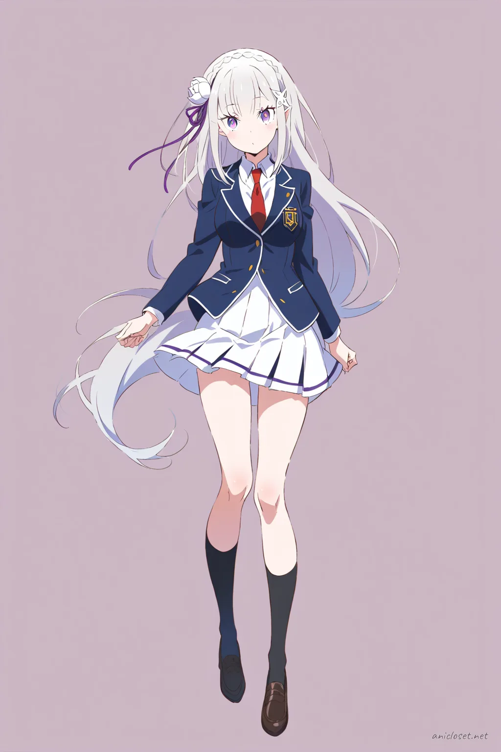 Knee-up half-body illustration of Emilia wearing a navy private academy blazer with emblem patch, white dress shirt, red necktie, black pencil skirt, knee-high socks, and black loafers under soft studio lighting