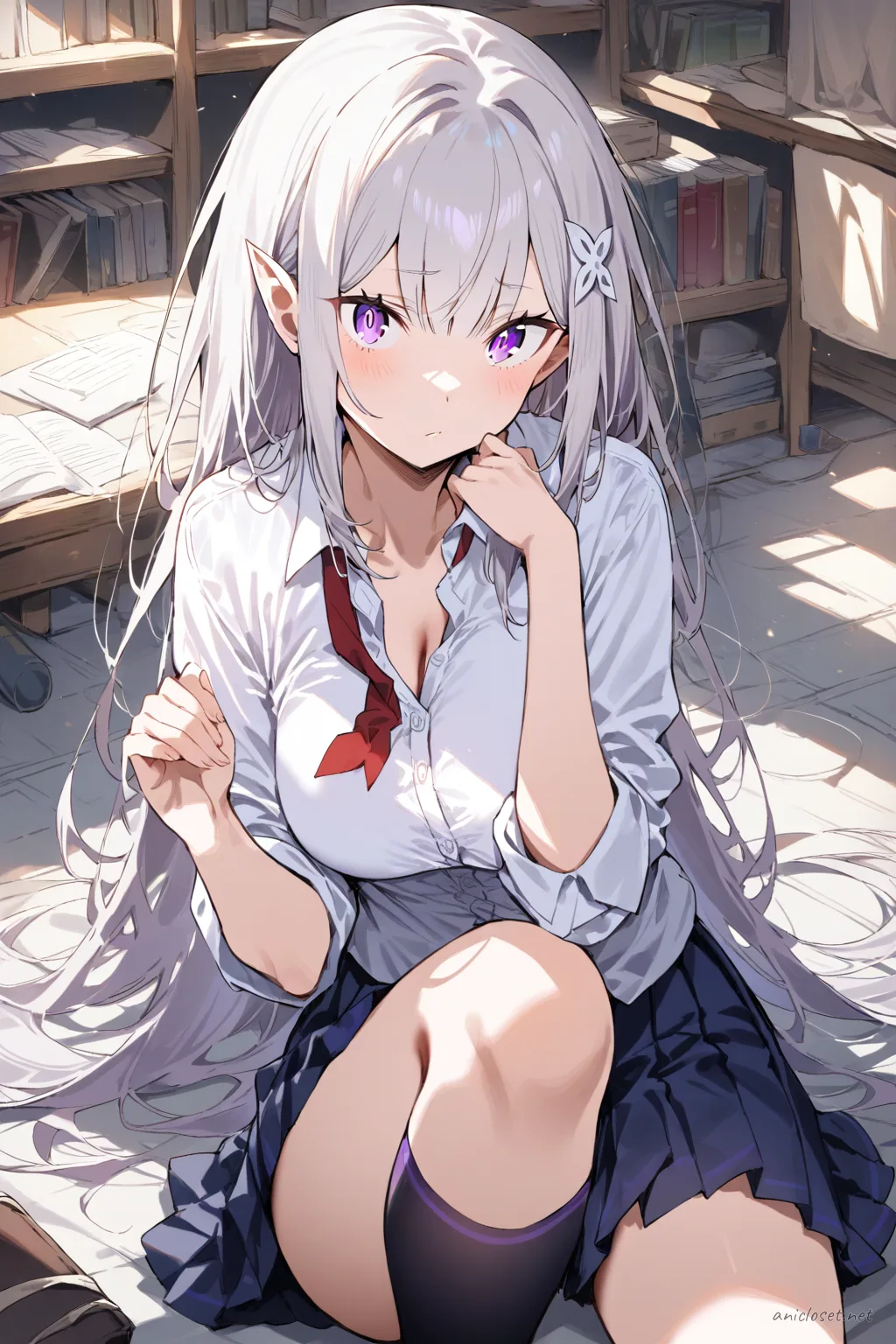 Full-body three-quarter view illustration of Emilia in a school uniform with undone red necktie and rolled-up shirt sleeves