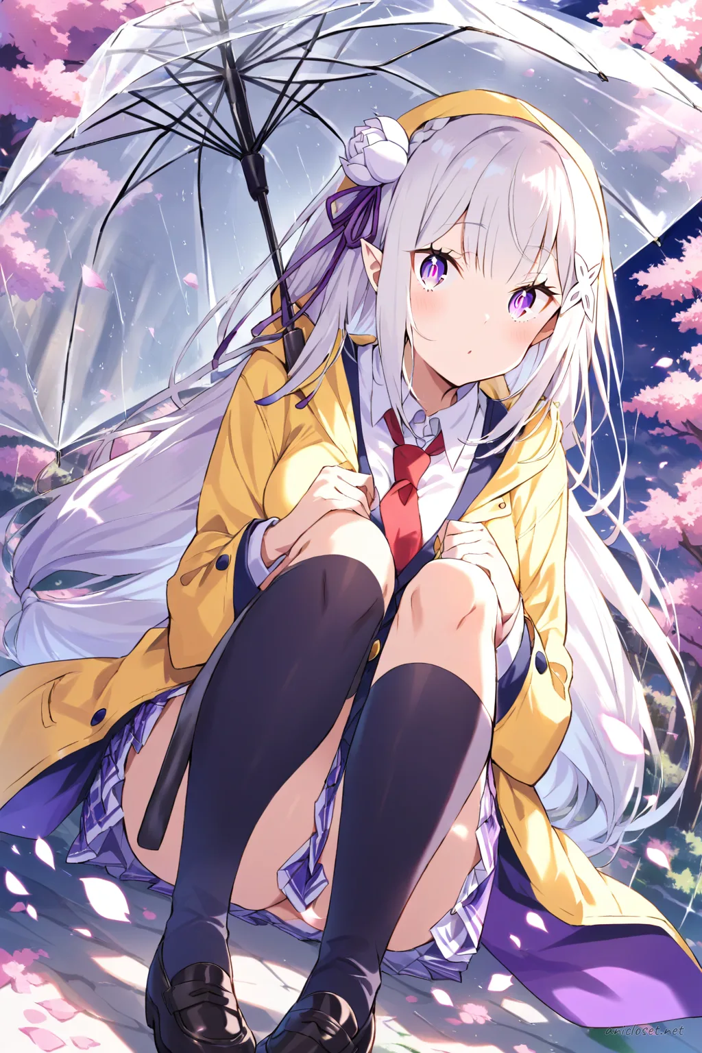 Full-body three-quarter view of Emilia wearing a navy blue school blazer, white blouse, red necktie ribbon, plaid skirt, black knee-high socks, black loafers, yellow raincoat, holding a transparent umbrella with rain droplets, on clean studio background