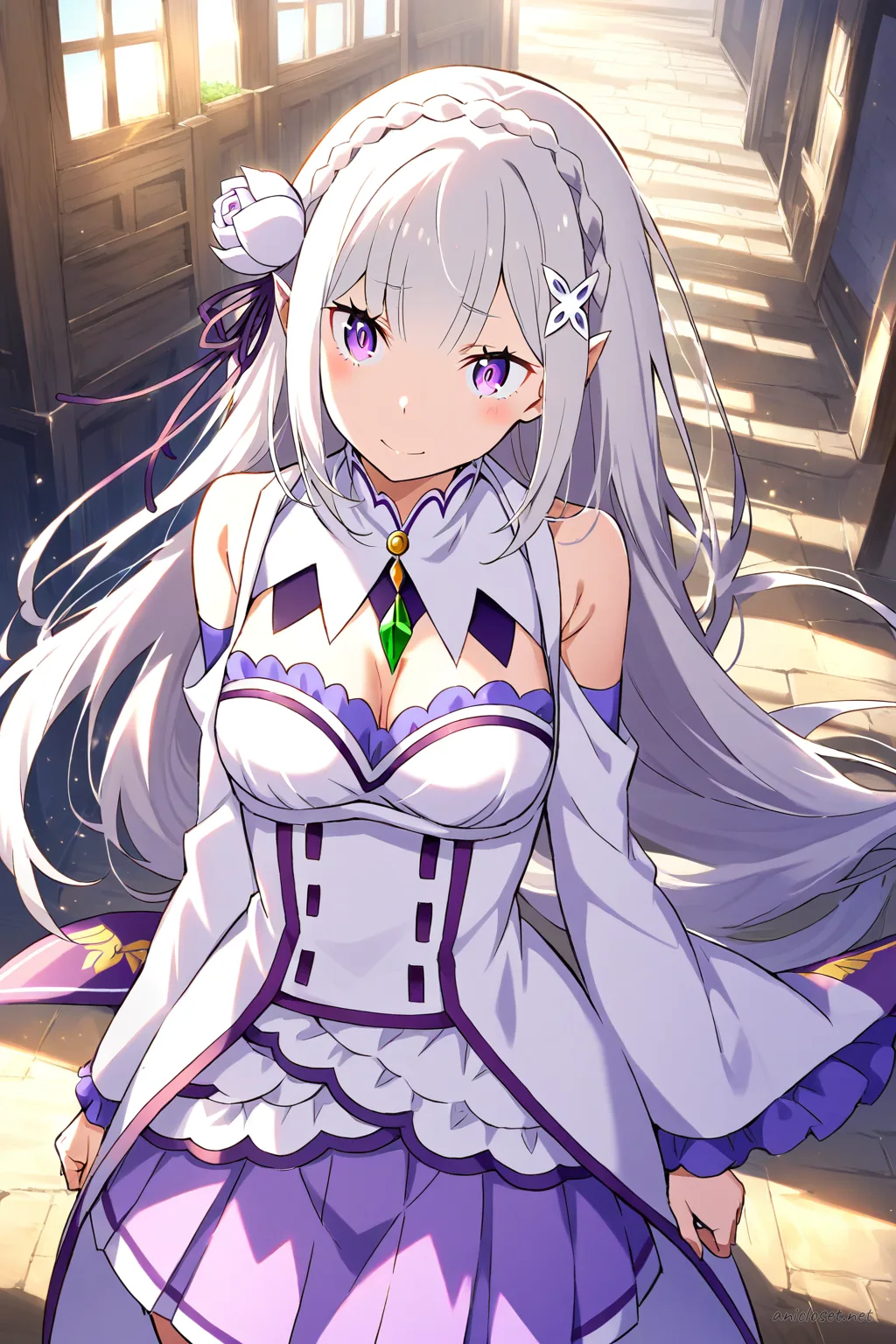 Full-body illustration of Emilia from Re:Zero wearing a long-sleeve off-white blouse, lavender corset with silver trim, floor-length lavender skirt, sheer white sleeves with lace cuffs, silver ribbon waist belt, white thigh-high stockings, lavender heeled shoes, and a silver flower hair ornament, standing against a clean studio background.