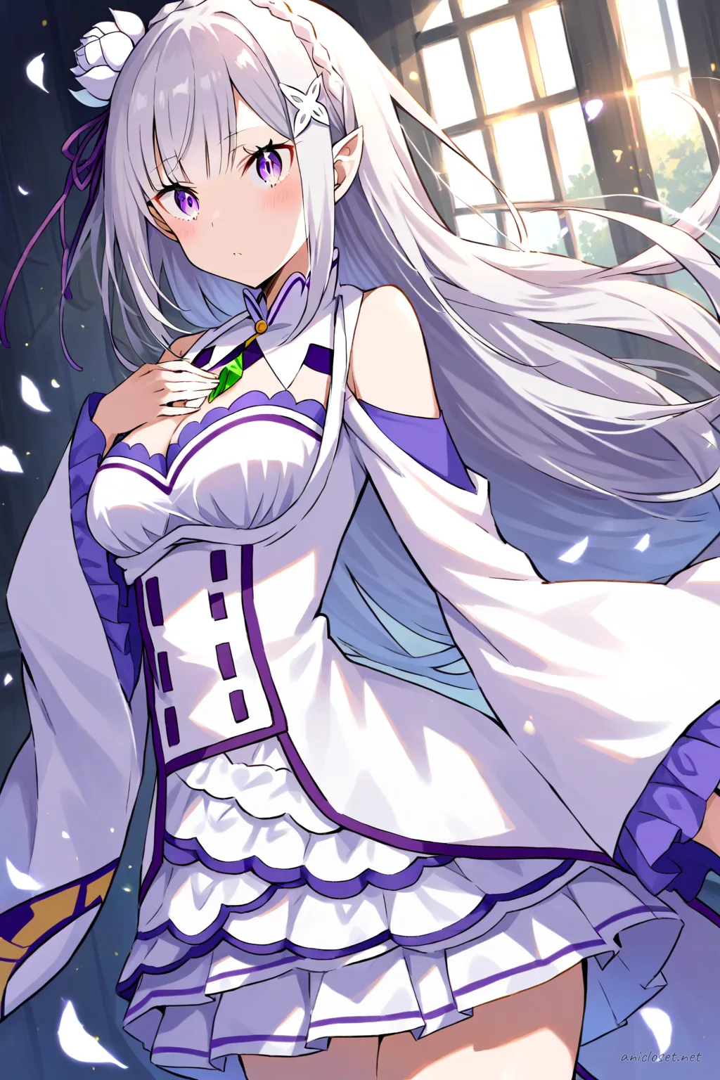 Full-body three-quarter view illustration of Emilia in her Signature look variant 03 from Re:Zero, wearing a white and purple frilled dress with floral embroidery, white thigh-high stockings, purple ankle boots with silver buckles, white gloves, silver pendant necklace, and flower hair ornament against a clean studio background