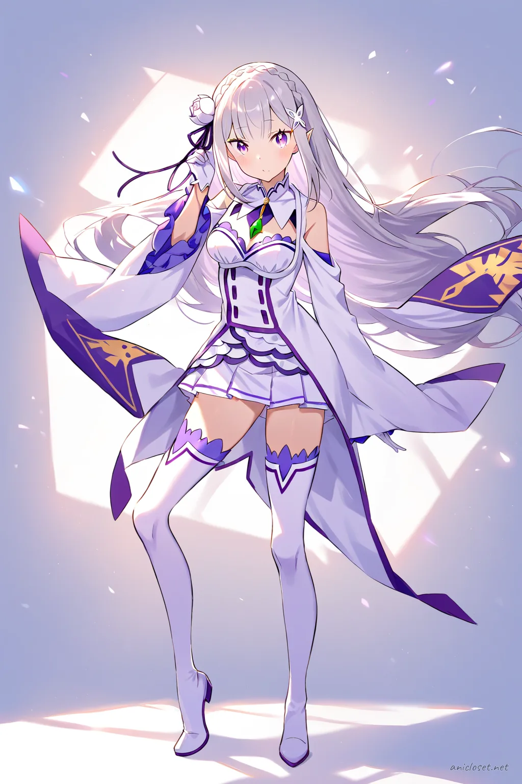 Full-body illustration of Emilia from Re:Zero wearing a long white coat over a light purple dress, white gloves, thighhigh stockings, white heeled shoes, and a flower hair ornament, standing against a clean studio backdrop