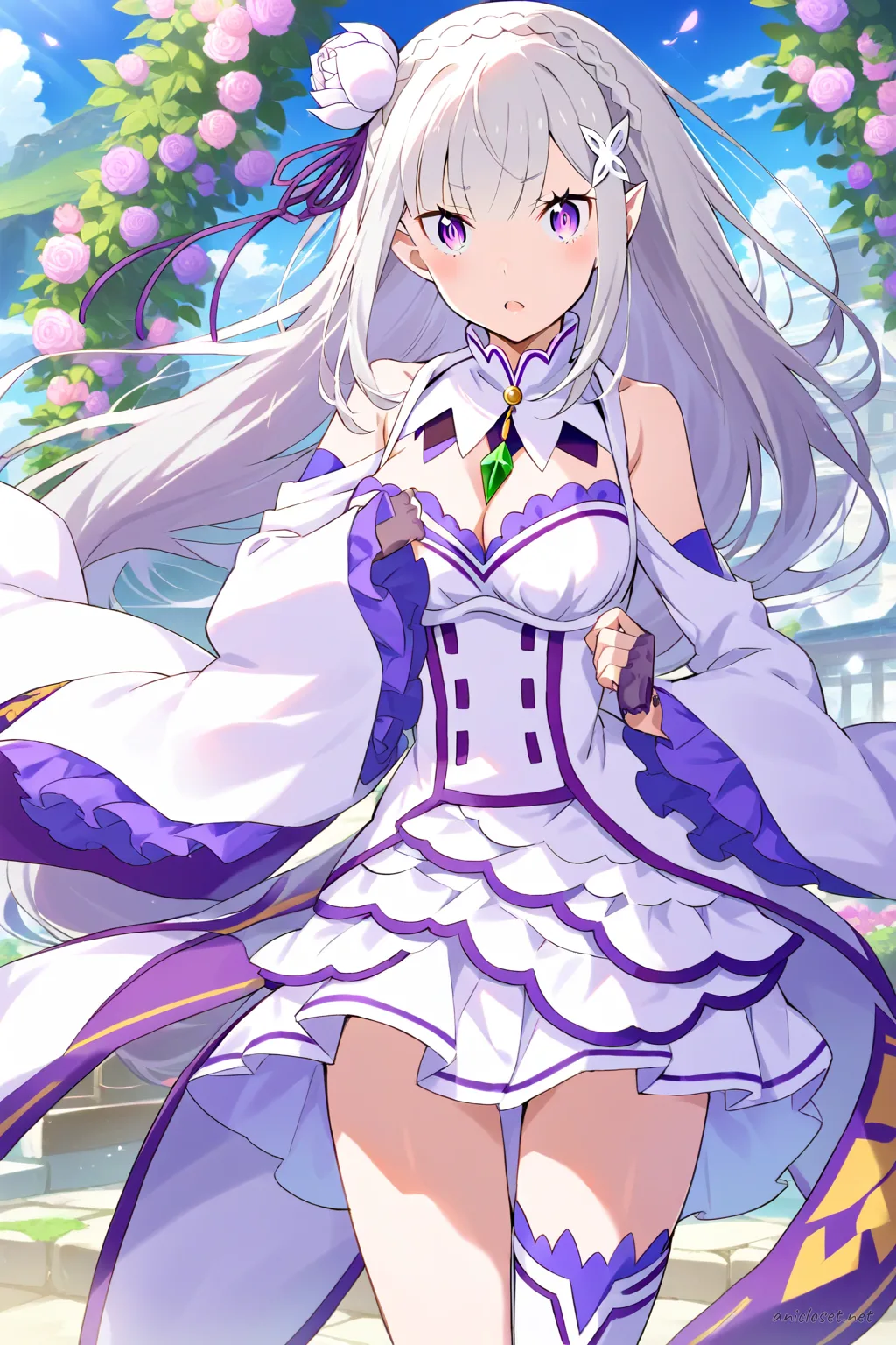 Full-body three-quarter view of Emilia in white long-sleeve dress with lavender accents, fingerless white lace gloves, white thigh-high stockings, and silver pendant necklace against simple studio background
