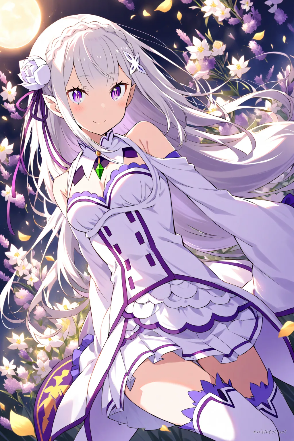 Full-body three-quarter view of Emilia in white long-sleeve off-shoulder dress with lavender ribbon choker, silver flower hairpin, white thigh-high lace stockings, lavender ballet flats, white lace gloves, and silver pendant necklace on simple studio background