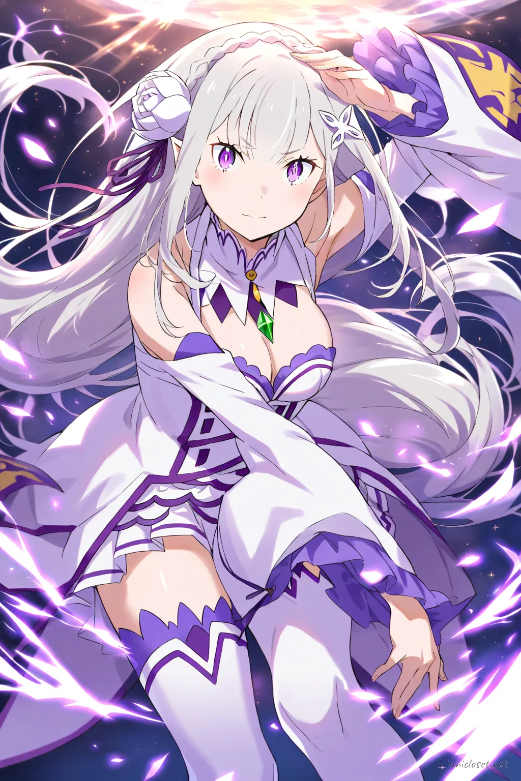 Full-body illustration of Emilia from Re:Zero in her Signature look variant 07, wearing a white and purple battle dress with armored pauldrons and knee-high boots, standing against a clean studio backdrop