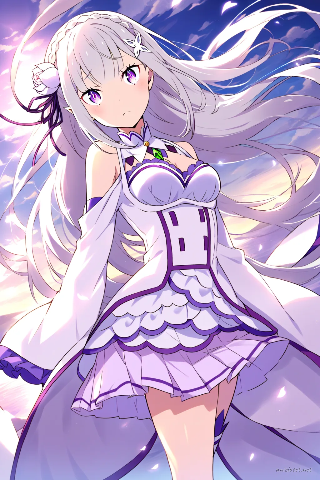 Illustration of Emilia from Re:Zero in a knee-up half-body pose wearing a pastel lilac off-shoulder blouse with soft ruffle trim, knee-length skirt, thin waist belt, delicate lace gloves, simple pendant necklace, low-heeled mary janes, sheer white stockings, and a flower hair ornament against a clean studio background