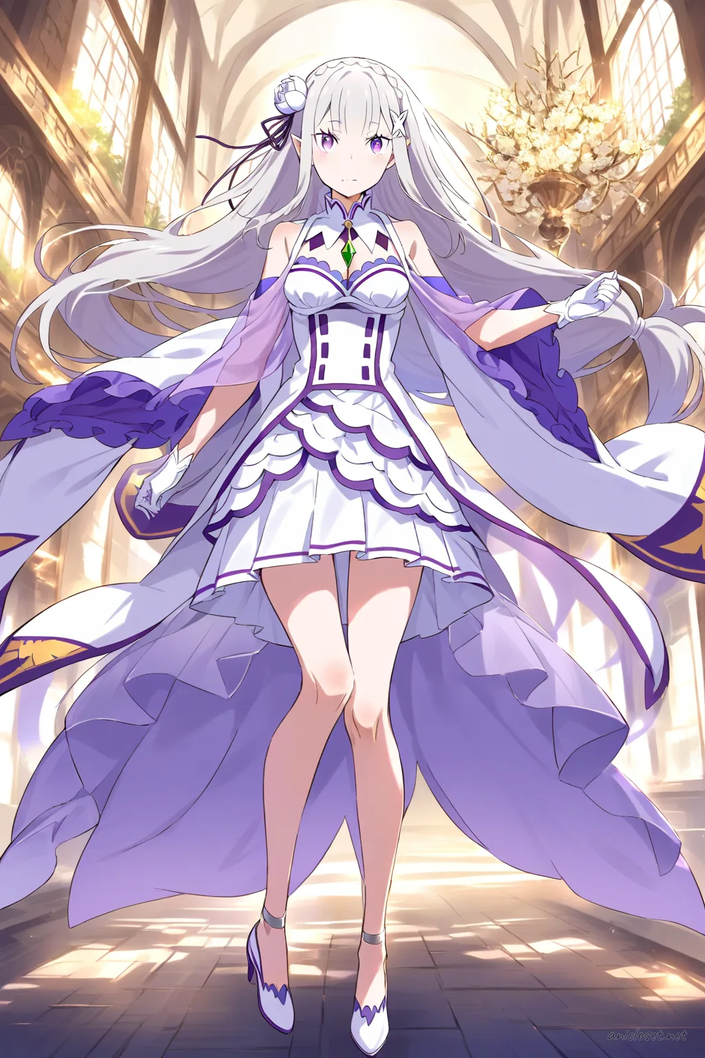 Illustration of Emilia from Re:Zero in a white long-sleeve evening gown with lavender sheer capelet and silver embroidery, knee-up half-body view under soft studio lighting