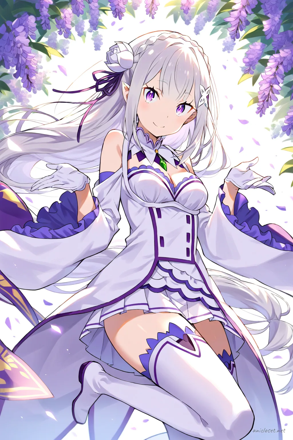 Illustration of Emilia from Re:Zero seated in a fashion-plate pose wearing a white long-sleeve blouse, lavender corset dress, sheer white sleeves, white gloves, lavender ribbon choker, white thigh-high stockings, and lavender heeled shoes against a clean background with soft studio lighting