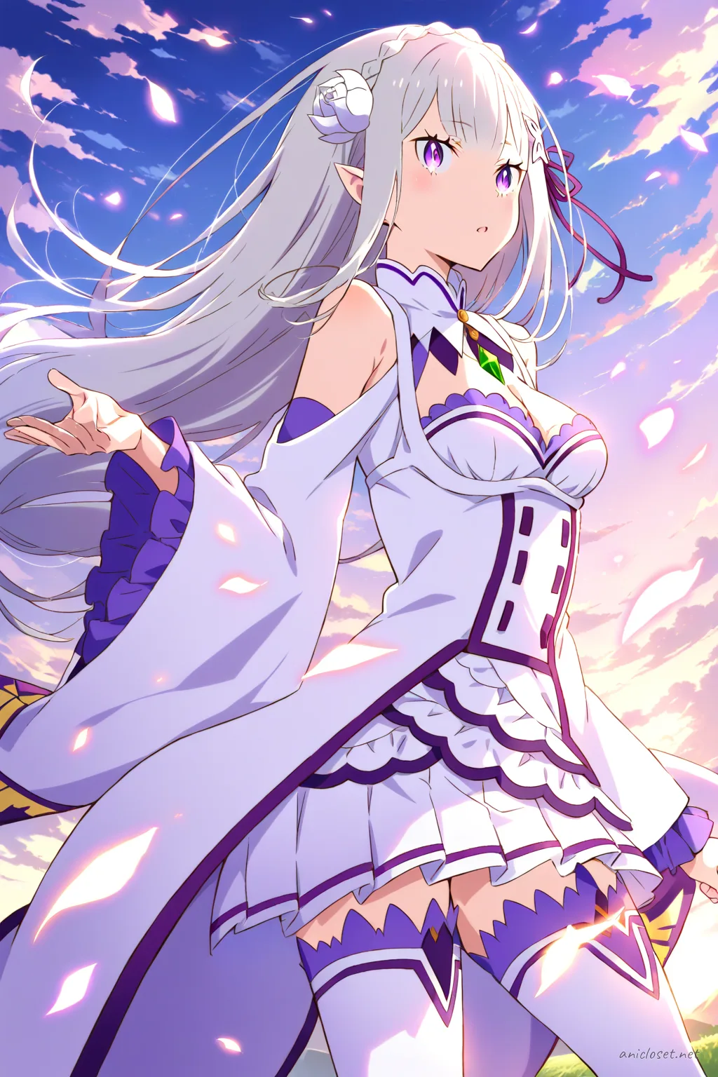 Full-body three-quarter back view of Emilia in white long-sleeve dress with lavender corset and floor-length skirt, silver embroidery, and flower hair ornament