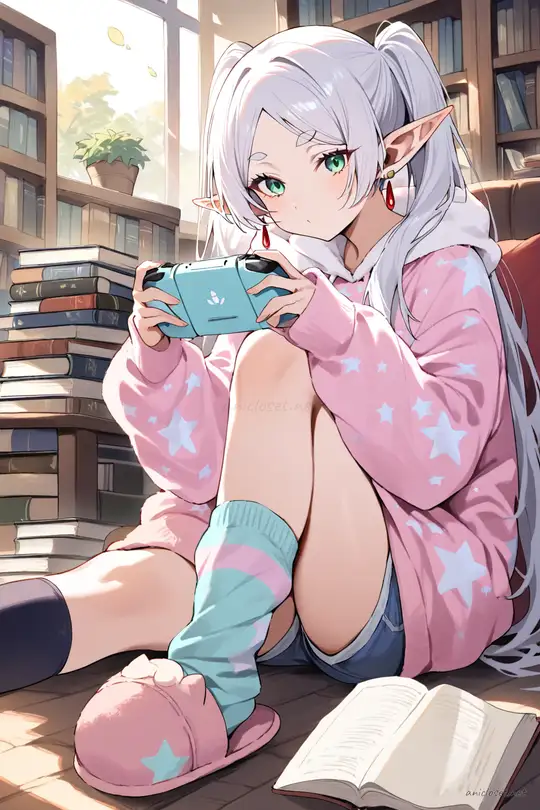 Half-body illustration of Frieren wearing pastel pink star print hoodie with white fleece lining, light blue short shorts, mismatched knee socks, and holding a game controller, seated on bedroom carpet