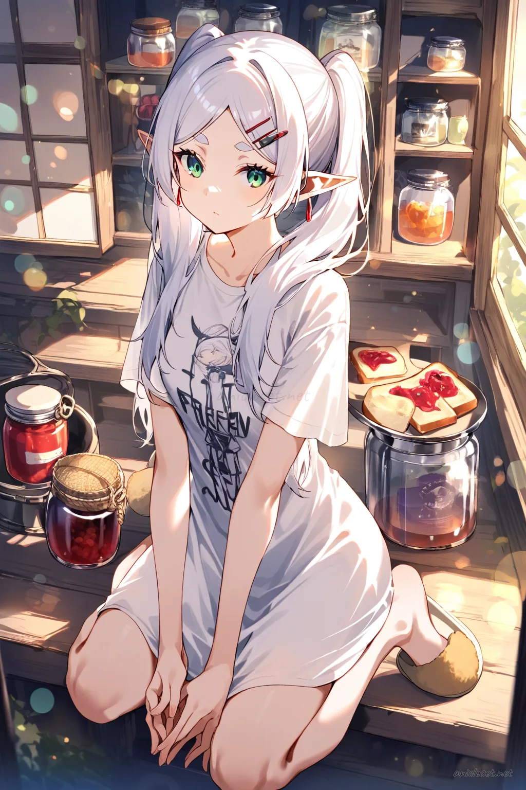Frieren wearing a satin robe layered over a graphic tee dress with a hair clip and house slippers, leaning in a kitchen doorway holding toast and a jam jar