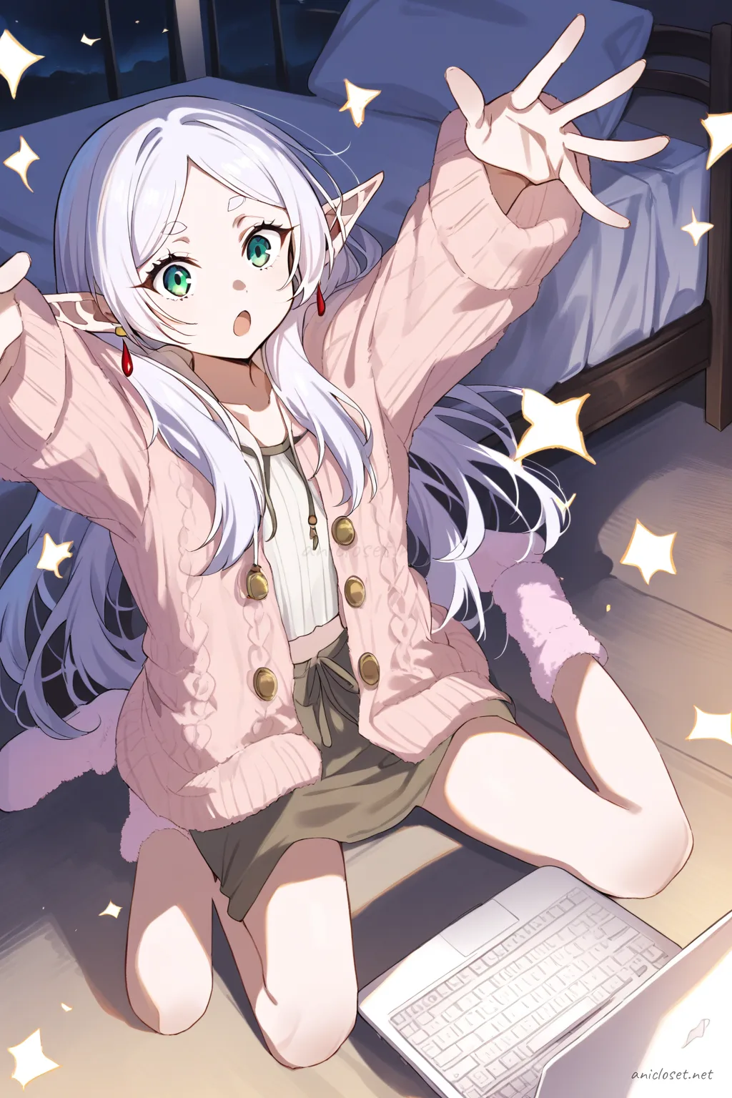 Illustration of Frieren lying stomach-down on bed wearing pastel ribbed crop top and drawstring pants with fuzzy socks, using laptop surrounded by fairy lights