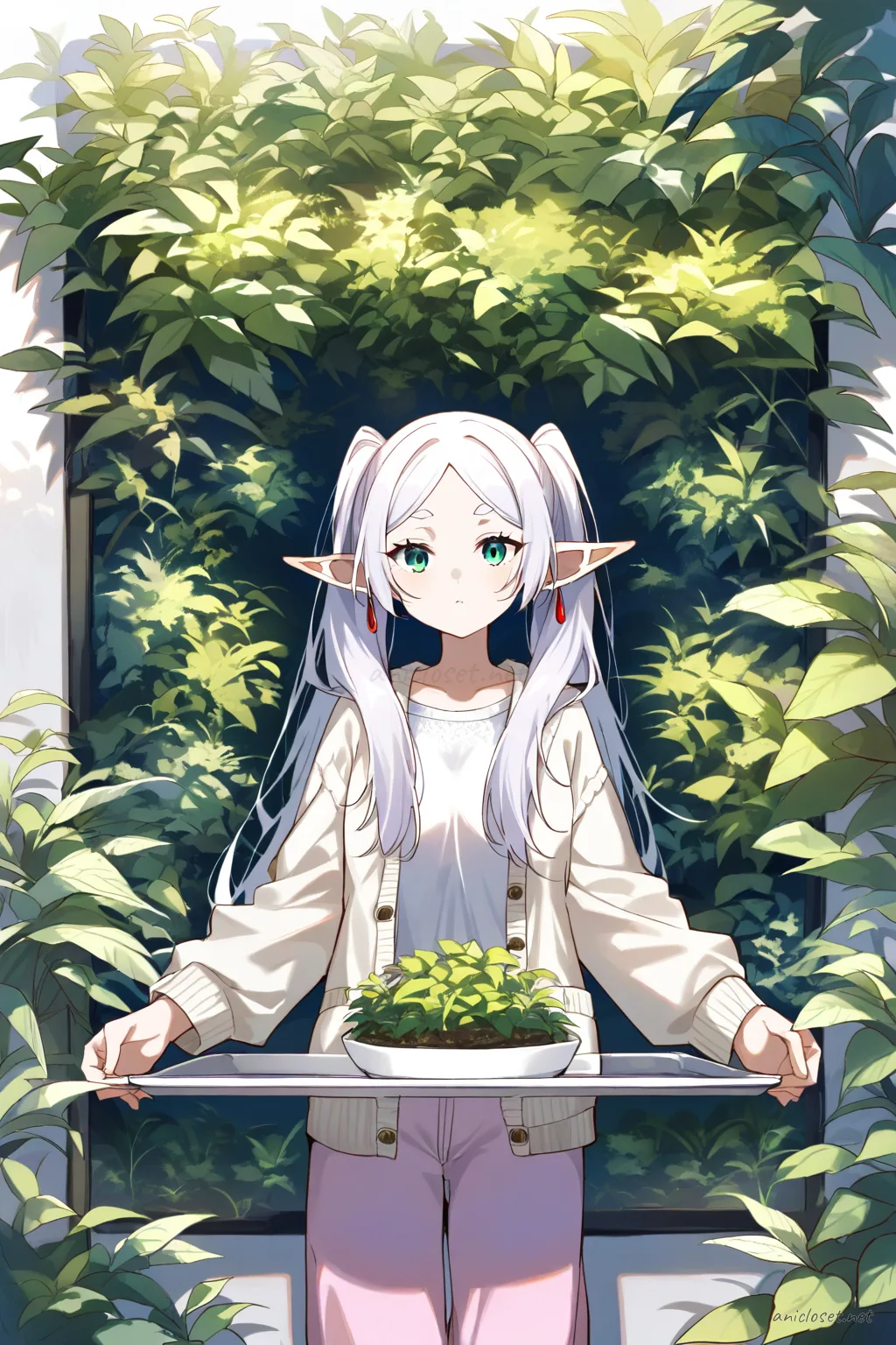 Illustration of Frieren sitting cross-legged on a floor cushion wearing a soft knit tank top, short cardigan, wide pastel linen pants, and a hair ribbon, with a tea tray and indoor plants nearby