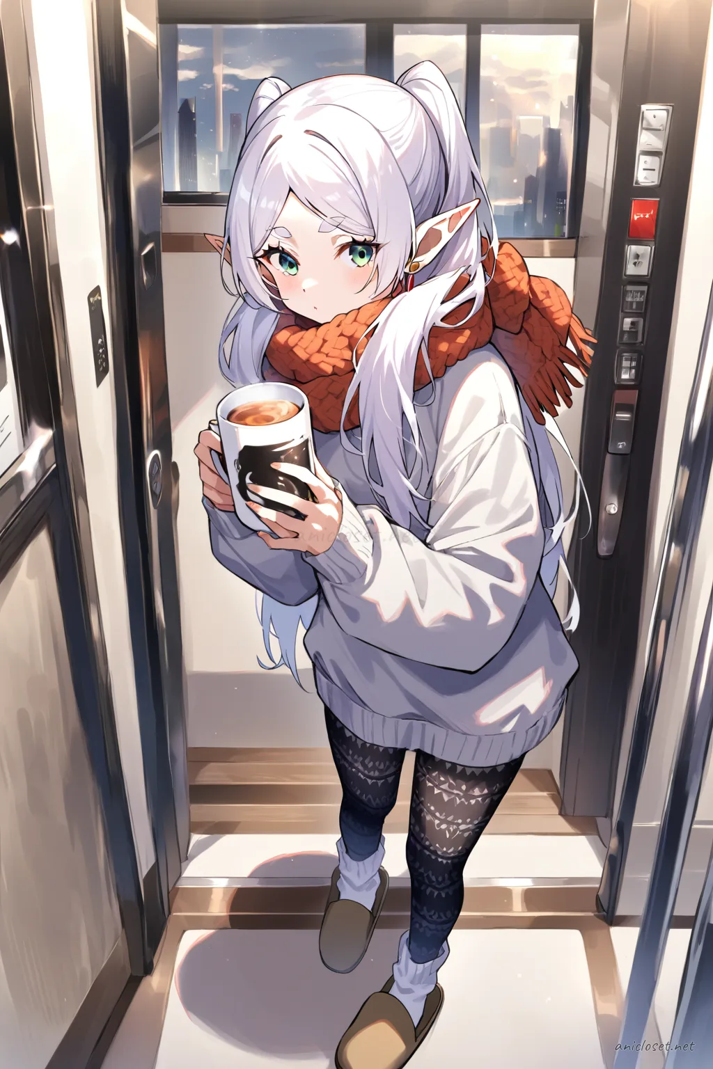 Full-body three-quarter view of Frieren wearing a long knit tunic over patterned leggings, chunky knit scarf, cozy socks, and slip-on slippers, holding a warm mug while leaning on a balcony door with rain-streaked glass behind
