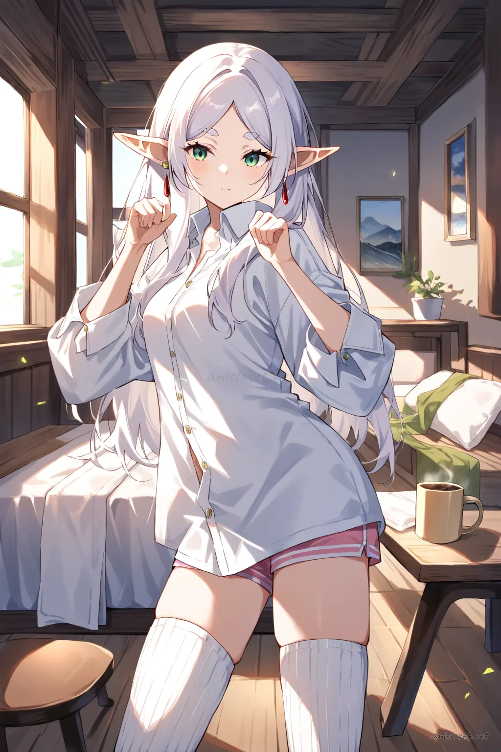 Frieren brushing hair at vanity mirror wearing oversized white button shirt, pastel pink shorts, ribbed knit thigh highs, and soft terry towel turban