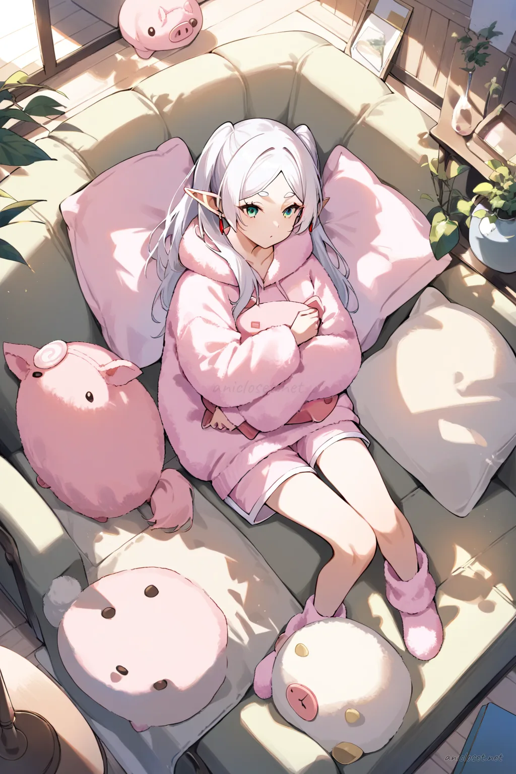 Full body illustration of Frieren wearing pastel pink fleece animal hoodie with plush pig ears, matching shorts, fuzzy knit socks, holding a soft plush pillow and oversized cozy blanket in a living room setting, viewed from above including shoes