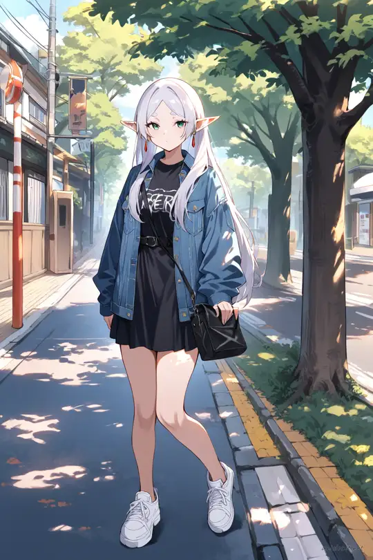 Full-body illustration of Frieren in a washed denim jacket, graphic tee, black mini skirt, chunky white sneakers, and crossbody bag, standing at a crosswalk with a soft afternoon city background