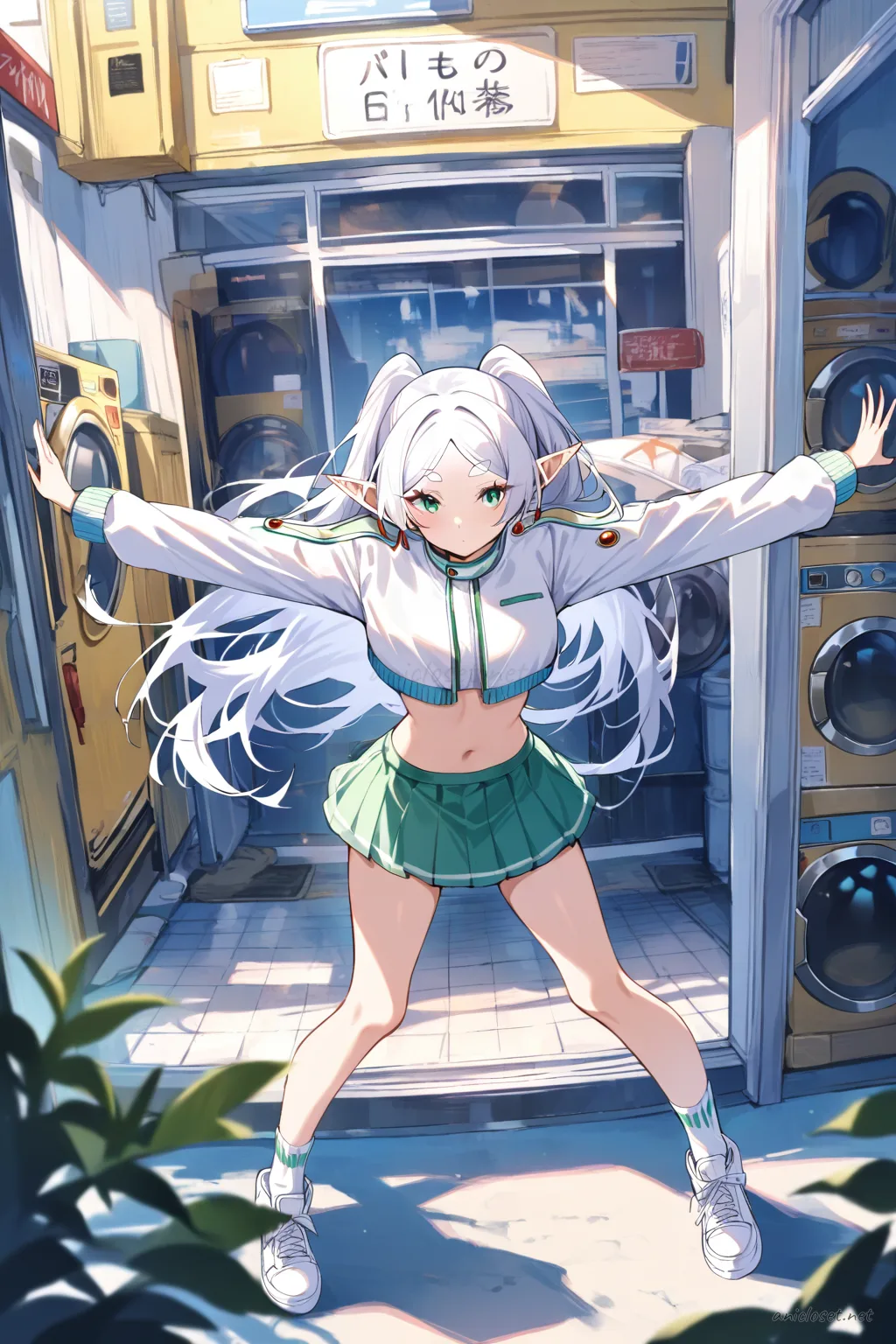 Full body illustration of Frieren wearing a cropped bomber jacket, short tennis skirt, white sneakers, standing near elevated train tracks under soft overcast city light
