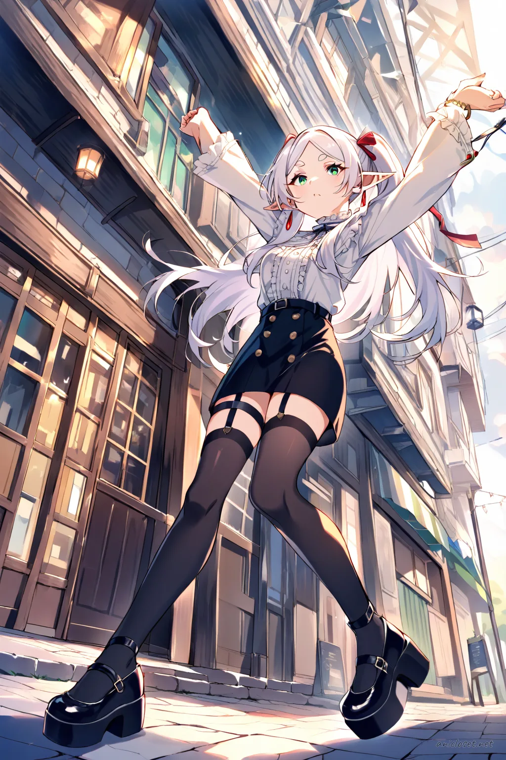 Full body illustration of Frieren in a frilly blouse, dark short skirt, black thighhighs with subtle garter straps, platform shoes, and ribbon hair accessory posed in a narrow side street with soft shop signs