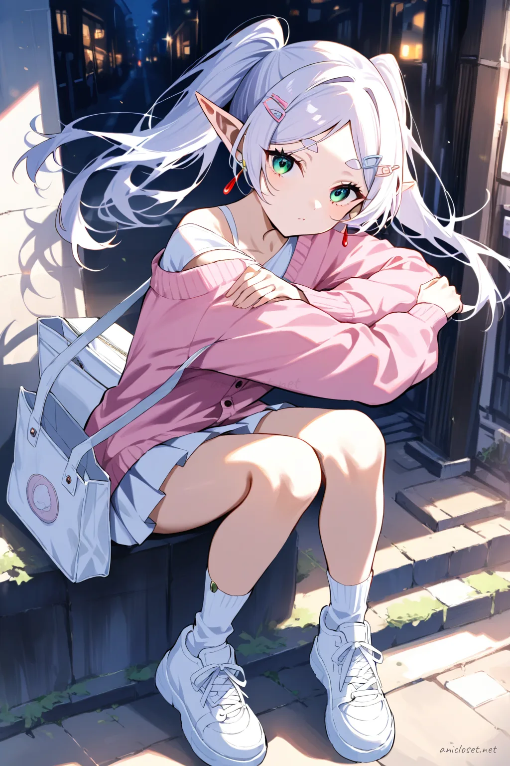 Illustration of Frieren seated by a cafe window wearing a pastel pink cardigan, white mini skirt, white tote bag, pastel hair clips, ankle socks, and white sneakers, with a latte on the table and soft daylight outside
