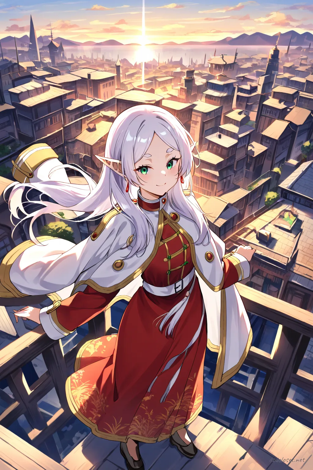 Full body illustration of Frieren standing in a classic red qipao with gold trim and frog buttons, wearing shoes