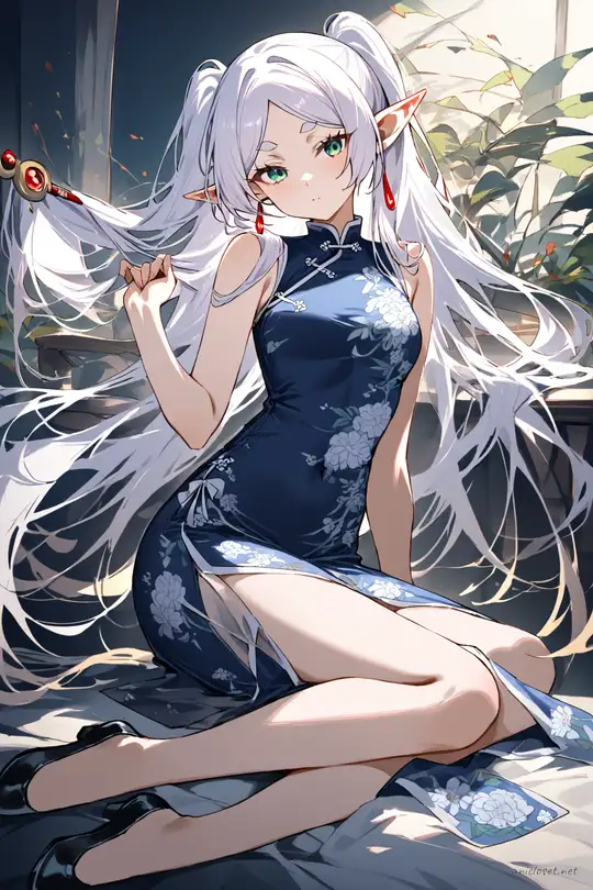 Full-body illustration of Frieren standing in a navy cheongsam with subtle floral embroidery and side slits against a clean studio backdrop