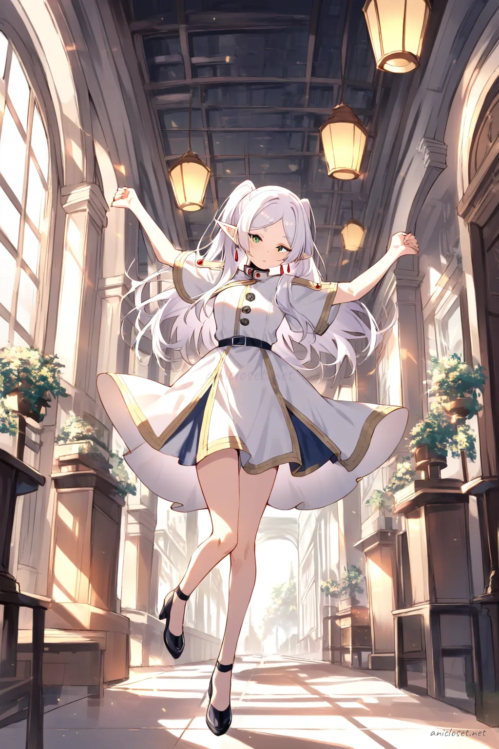 Full body illustration of Frieren wearing a white silk qipao with soft lace trim and delicate frog buttons, paired with ankle strap heels