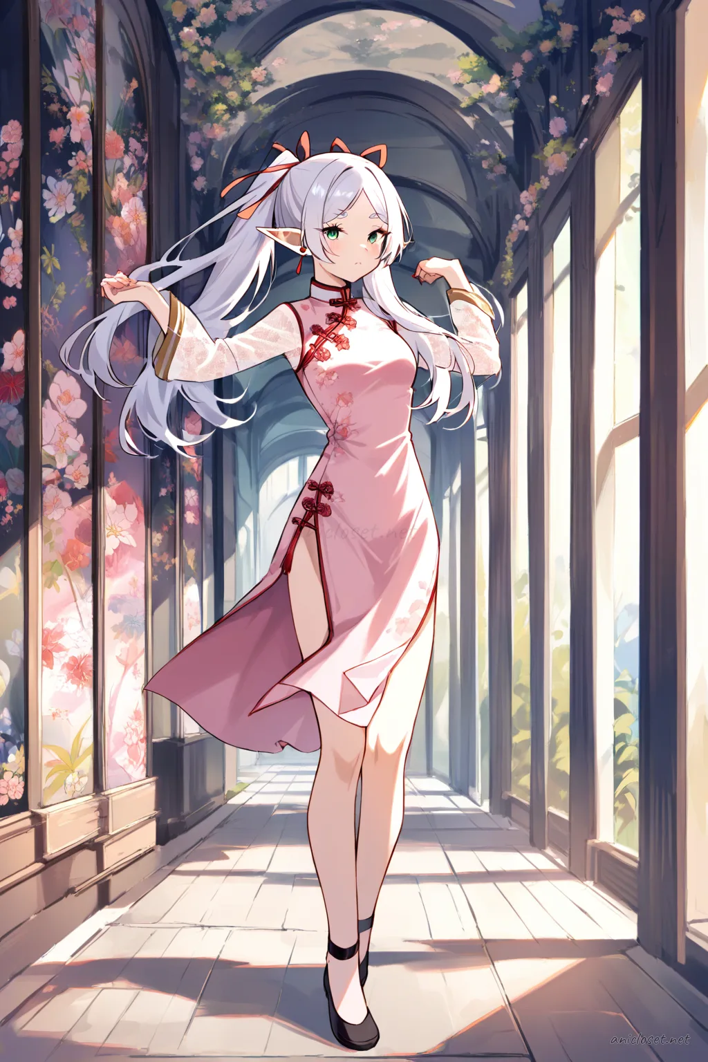 Illustration of Frieren wearing a pastel pink qipao with floral pattern, mandarin collar, side slit, sheer lace sleeves, hair ribbon, and ballet flats