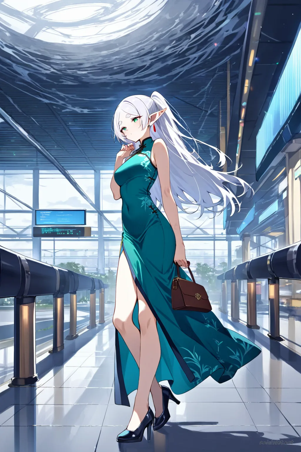 Full body front view of Frieren in a short teal qipao dress with mandarin collar, side slits, high heels, and small handbag