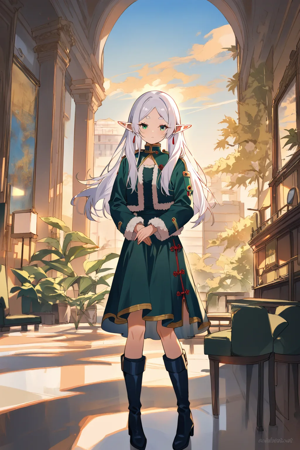 Illustration of Frieren wearing a long sleeve winter qipao with a fur-trim cropped jacket and knee-high boots