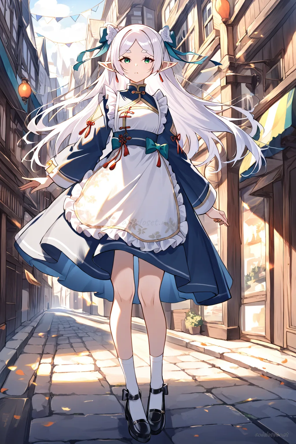 Full body front view of Frieren in a short qipao with white frilled apron, puff sleeves, ankle socks, and mary jane shoes