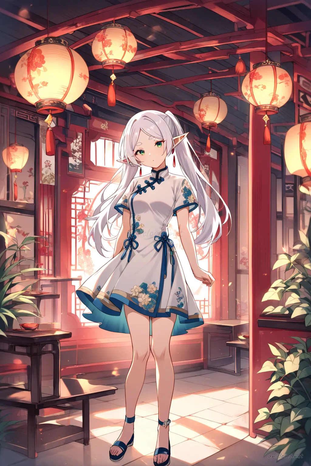 Full body illustration of Frieren in a short-sleeve summer qipao with floral embroidery, airy flared hem, side slits, and ankle strap sandals, standing
