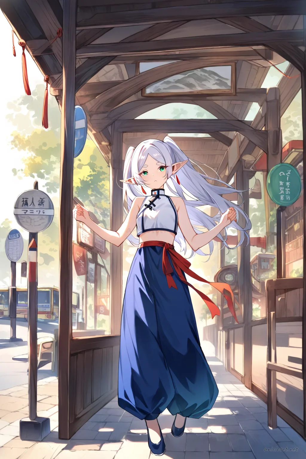 Illustration of Frieren wearing a sleeveless qipao top with mandarin collar, wide soft trousers, and ribbon sash in a cowboy shot pose