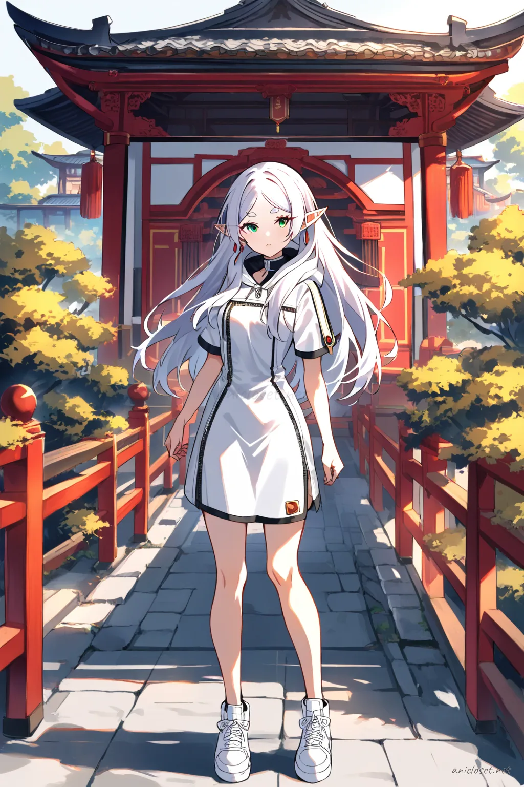 Full body front view of Frieren wearing a black street hoodie over a fitted red qipao dress with side slits and white sneakers
