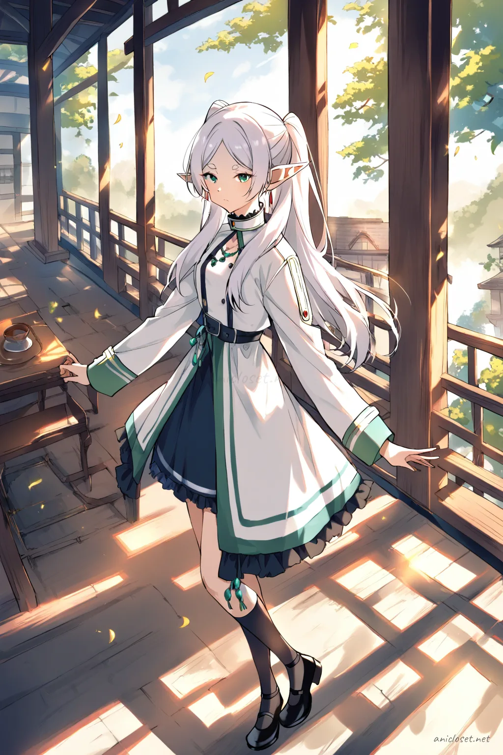 Illustration of Frieren wearing a high collar China dress with frilled hem and jade charm necklace