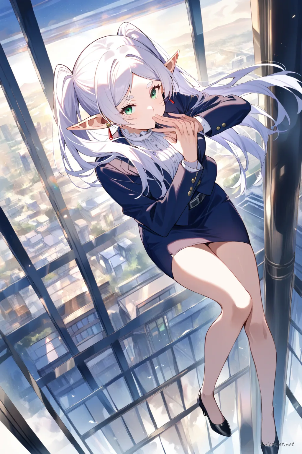 Illustration of Frieren in a navy pencil skirt suit with fitted blazer and white silk blouse, standing by a glass office window overlooking the city