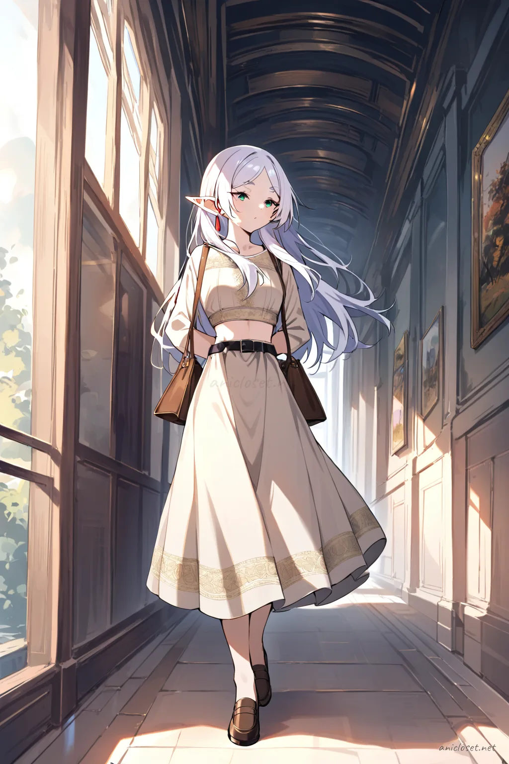 Illustration of Frieren in a beige tailored blazer dress with belted waist and knee-length skirt, wearing loafers and carrying a leather tote bag, walking in an office corridor