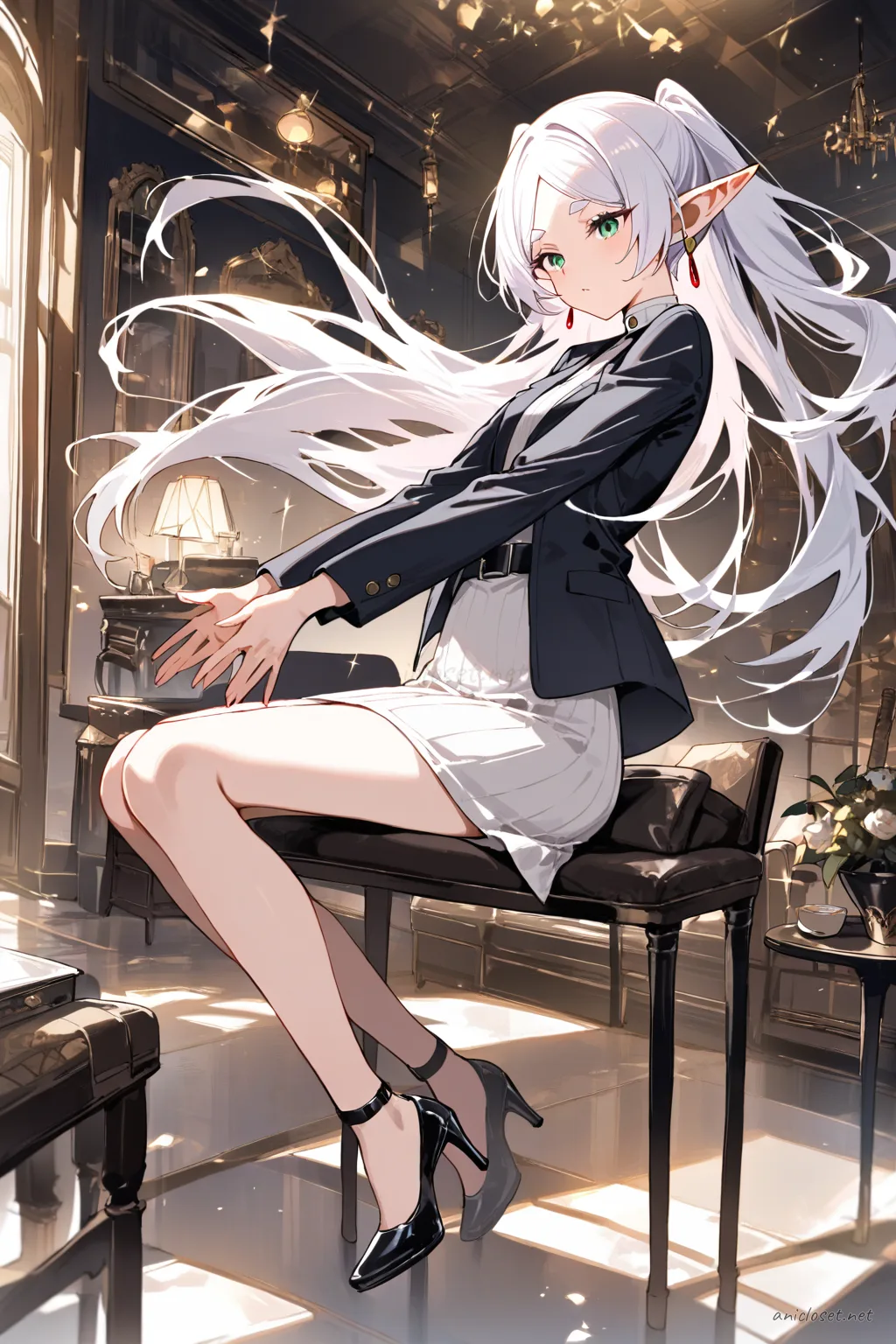 Frieren sitting on desk edge wearing a wine sheath dress under an open black blazer with a slim belt and black pointed heels, holding a coffee cup in an office
